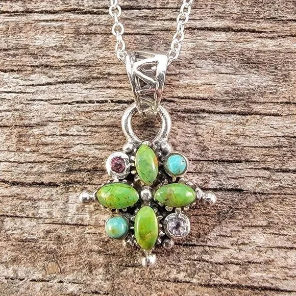 Barse Sterling Multi Stone Artisan  Cross Pendant Necklace - Picture 2 of 9